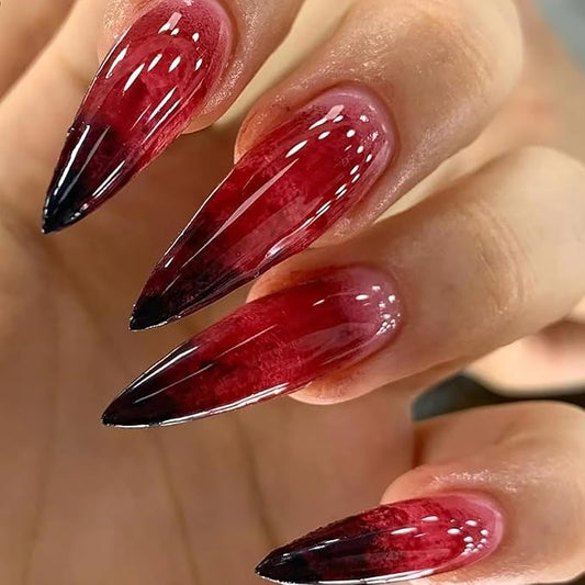 24Pcs Gothic Press on Nails Long Stiletto Fake Nails with Scary Bloody Designs Red Gradient French Tip Press Ons Halloween False Nails Glossy Full Cover Stick on Nails for Women Acrylic Manicure DIY