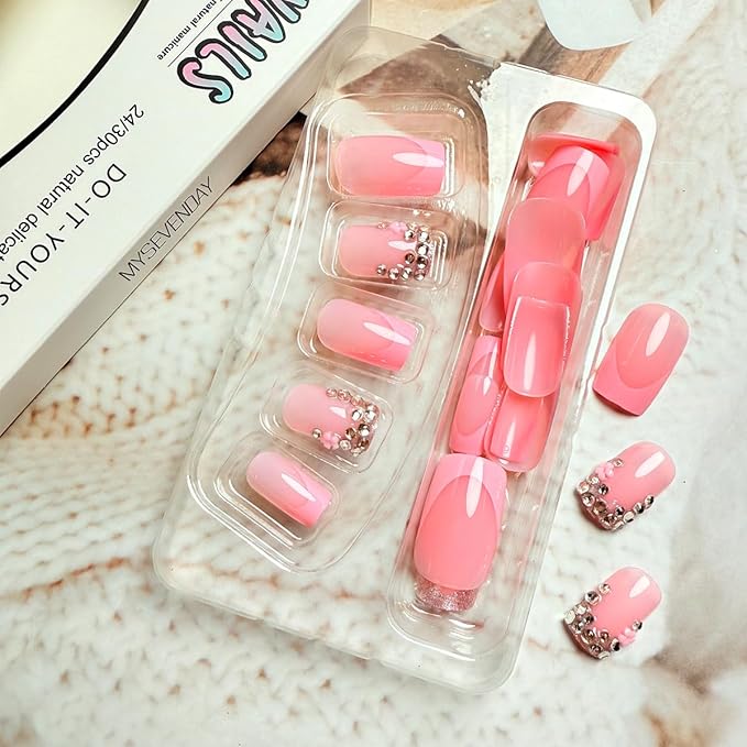 Pink French Tip Press on Nails Short Square Fake Nails with 3D Rhinestone Designs Glossy Pink False Nails Glitter Crystal Nail Tips Acrylic Nails Press on Artificial Nail Set for Women Manicure 24Pcs