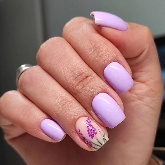 Square Press on Nails Medium Fake Nails with Lavender Floral Designs Glossy Glue on Nails Summer Acrylic Nails Purple Full Cover Artificial Stick on Nails for Women 24Pcs