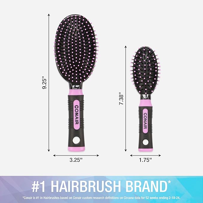 Conair Salon Results Cushion Hairbrush Set - men & women - hairbrushes for all hair types - detangling - features Travel size + Full-size - Pink/Black