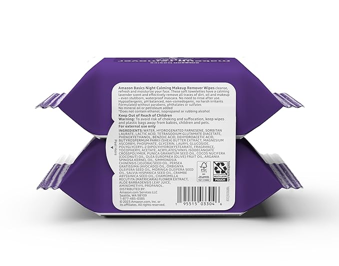 Amazon Basics Make Up Remover Wipes, Night Calming, 25 Count, Pack of 2 (Previously Solimo)