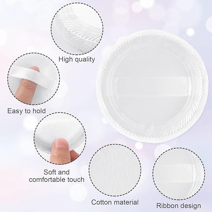 12 Pack 60mm Round Powder Puffs for Foundation Makeup Applicators, Soft Cotton Skin-Friendly Face Powder Sponge Velour Velet Puffs Pads for Cream Cosmetics- White