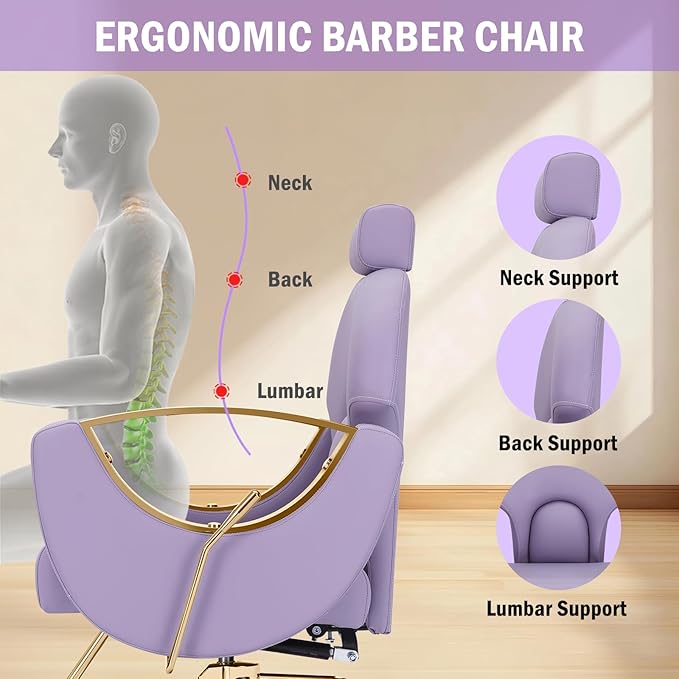 Salon Chair for Hair Stylist, Reclining Barber Chair with Heavy Duty Hydraulic Pump, 360 Degrees Swivel Styling Braiding Hairdresser Chair for Home Barbershop, Purple