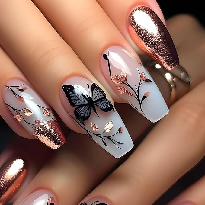 Coffin Press on Nails Medium French Tip False Nails with Butterfly Flower Design Glitter Glue on Nails Gradient Fake Nails Light Pink Coffin Nails Press ons Glossy Acrylic Nails for Girls 24Pcs