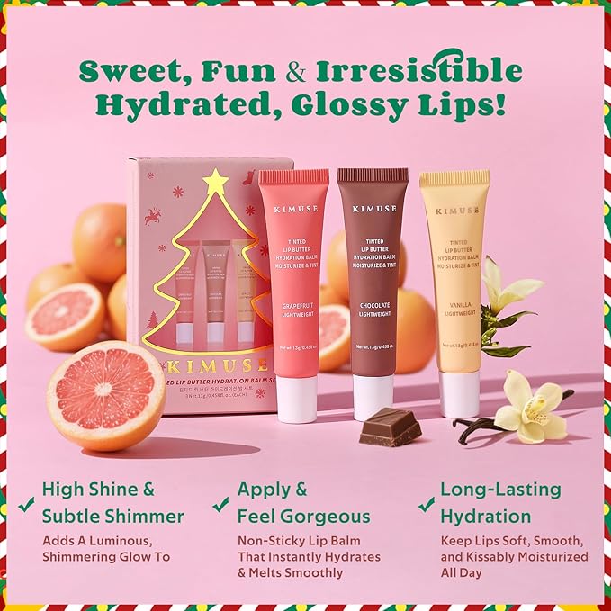 KIMUSE 3 Pack Tinted Lip Butter Hydration Balm, Hydrating Lip Treatment with Hyaluronic Acid & Vitamin E, Tinted Lip Balm for Instant Moisture, Shine & Hydration, Supple Lips, Vegan & Cruelty-Free