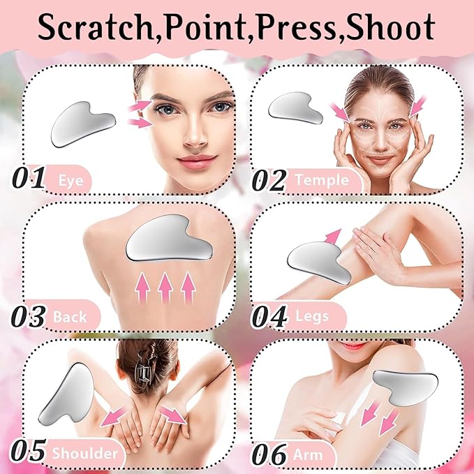Gua Sha Facial Tools and Face Roller Set, Stainless Steel Facial Sculpting Eyes Roller Guasha for Face, Chin & Jawline Sculpting,Skin Care (Stainless Steel)