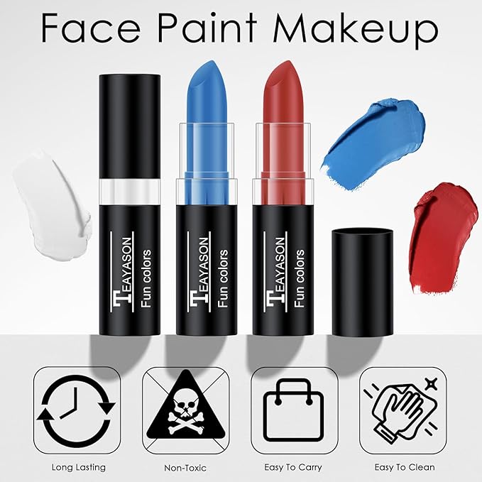 3 Colors Blue White Red Face Body Paint Stick, Blue White Red Flag Color Face Paint for Baseball/Football/Halloween Accessories Vampire/Joker/Clown Makeup Cream Face& Body Paint Easy to Blend