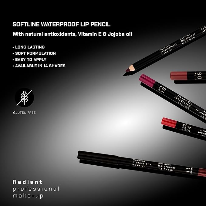 Radiant Professional Waterproof Lip Liner Pencil - Long Lasting Lip Liner for Defined Lips - Soft & Creamy Lipliner with Vitamin E - 1.20gr, (11 WINE)