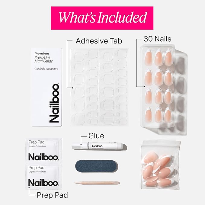 Nailboo Press On Nails, Salon-Quality Reusable Fake Nails for Fast DIY Manicure with Strong Hold Nail Glue for Press Ons, Nail File, & Alcohol Prep Pads, Frenchie