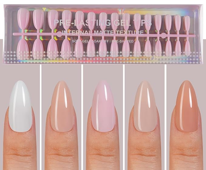 Medium Almond Press On Nails, 5 Colors Pre-Lasting Soft Gel Nails Tips, 150Pcs Natural Fake Nails for Nail Art DIY 15 Sizes