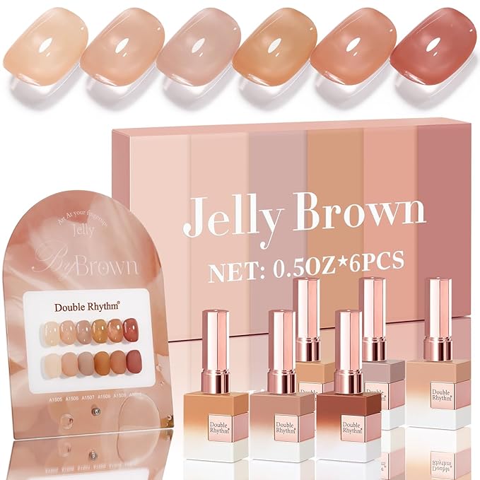Double Rhythm 6 Pcs 15 ML Gel Polish Set Same Color Same Bottle Soak Off Gel Polish Kit Nail Art Manicure Salon DIY at Home for Women (Translucent Milky Brown Nude Orange Rose Red-T6-1)