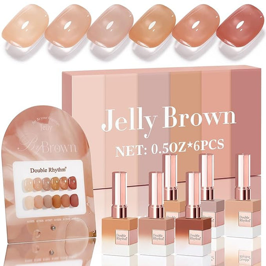 Double Rhythm 6 Pcs 15 ML Gel Polish Set Same Color Same Bottle Soak Off Gel Polish Kit Nail Art Manicure Salon DIY at Home for Women (Translucent Milky Brown Nude Orange Rose Red-T6-1)