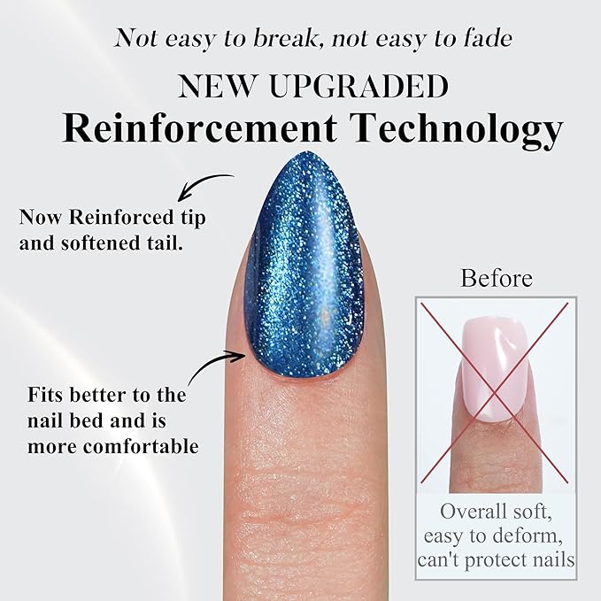 Blue Press on Nails Almond, Jofay Fashion Cat Eye Press on Nails, Soft Gel Fake Nails, Reusable & Natural Acrylic False Nails, Glue on Nails Kit for Women Girls Gift 32 Pcs