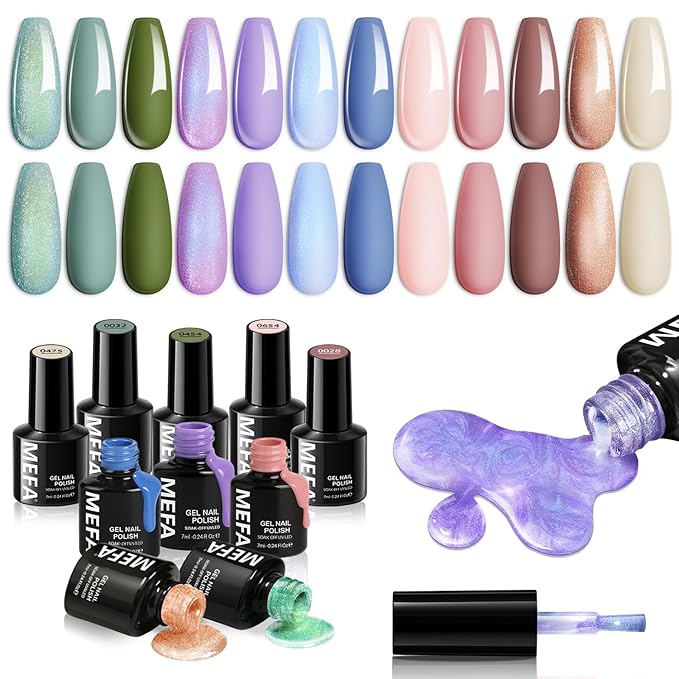 MEFA 12 Colors Gel Nail Polish Set Chameleon Gel Polish Kit with Purple Blue Green Soak Off Nude Brown Heart Glow Collection Manicure Gifts for Women Girl DIY Salon Home
