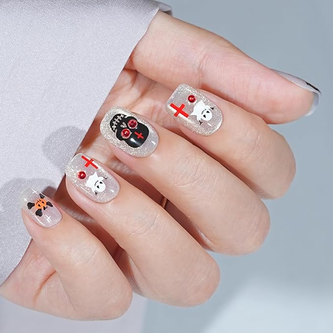 Press On Nails Halloween - Dark Coven, Halloween Press On Nails Short Cat Eye, Acrylic Square Glue On Nails with Nail Glue, Fit Perfectly & Natural Stick On Nails in 16 Sizes - 32 PCS Soft Gel Kit