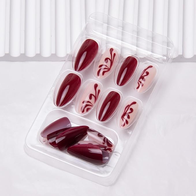 Press on Nails Medium Almond Fake Nails Red Lace False Nails Glossy Acrylic Nails Wine Red Artificial Nails Full Cover Glue on Nails for Women Girls Manicure Nails Decoration 24Pcs