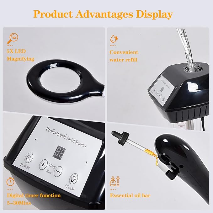 Facial Steamer for Deep Hydration, 2in1 Ozone Face Steamer with 5X Magnifying Lamp, Professional Facial Steamer, Suitable for Home Use or Beauty Spa Deep Cleansing and Hydration