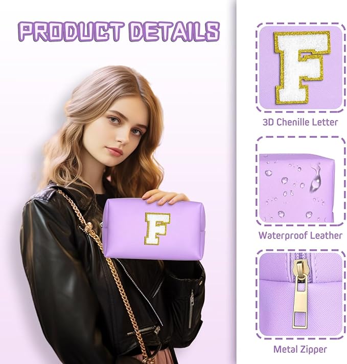 TOPEAST Preppy Bag, Monogrammed Makeup Bags with Zipper, Cute Makeup Pouch, Initial Birthday Gifts Bag for Daughter Friends Sister, Preppy Things for Girls (Purple H)