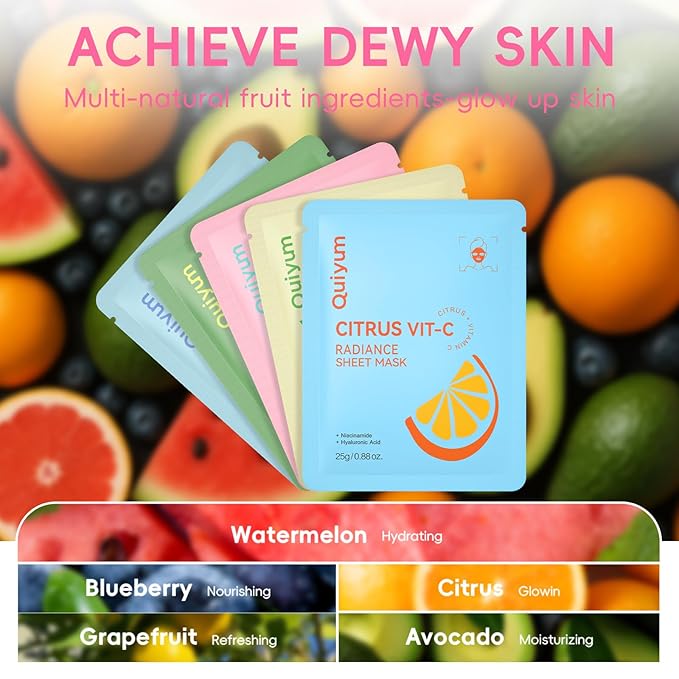 Fruit Face Masks Skincare, Facial Masks for Women, Skin Care for Teens 10-12, Sheet Masks Beauty with Natural Ingredients, Moisturize & Soothe for All Skin Type, Birthday Party Spa Gift 25 Pack
