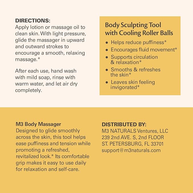 Lymphatic Drainage Massager with Cooling Steel Rollers for Body Sculpting, Cellulite & Sore Muscles, Grip-Friendly Massager with Ergonomic Design for Arms, Thighs, Glutes and Stomach by M3 Naturals