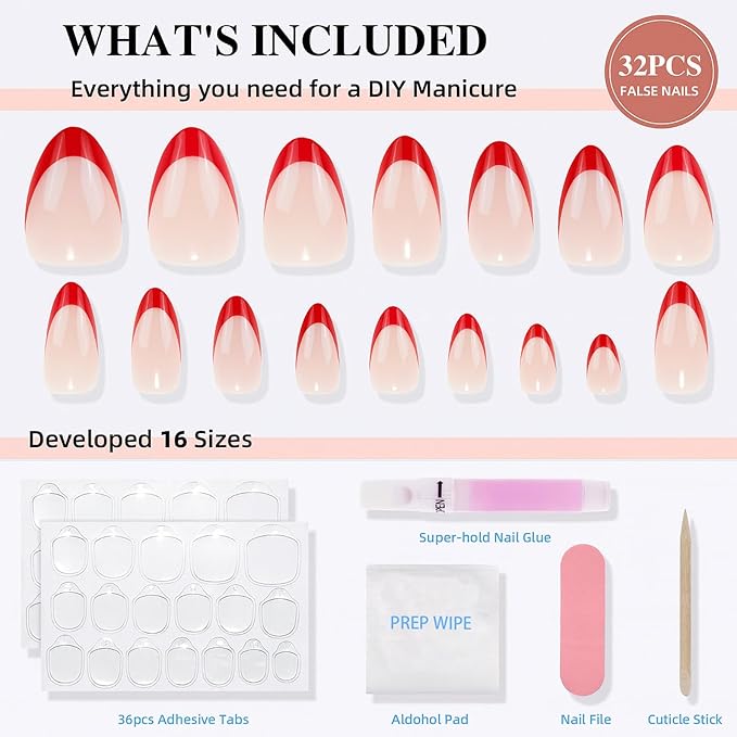 French Tip Press on Nails, Short Press on Nails Almond Reusable Glossy Red Nails Soft Gel False Nails Press ons for Women, 16 Sizes 32 Count Nails Kit with Glue (SV-12)