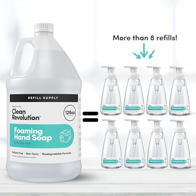 Clean Revolution Foaming Hand Soap Refill Supply Container, Ready to Use Formula, Gluten Free, Spring Air Fragrance, 128 Fl. Oz, 4 Pack