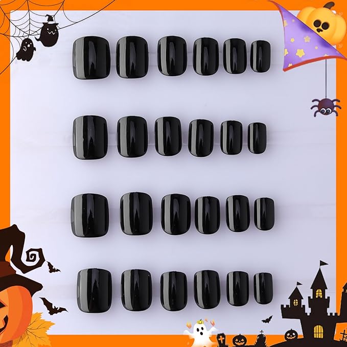 Black Press on Nails Short Square, Classic Black Fake Nails, Glossy Gel Finish Acrylic Nails, fall Thick Reusable Glue on Nails Kit for Women, 24Pcs