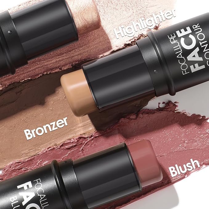 FOCALLURE 3PCS Cream Contour Stick - Highlighter Bronzer Blush Set for Face Sculpting, Non-Greasy Longwear Makeup, Easy to Blend with Natural Matte Finish,SET 8