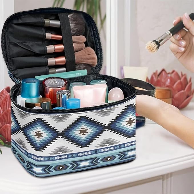 Western Makeup Bags for Woment Tribal Ethnic Tribal Aztec Navajo Portable Cosmetic Travel Bags with Zipper and Carry Handle Large Capacity Toiletry Case Organizer Storage Pouch