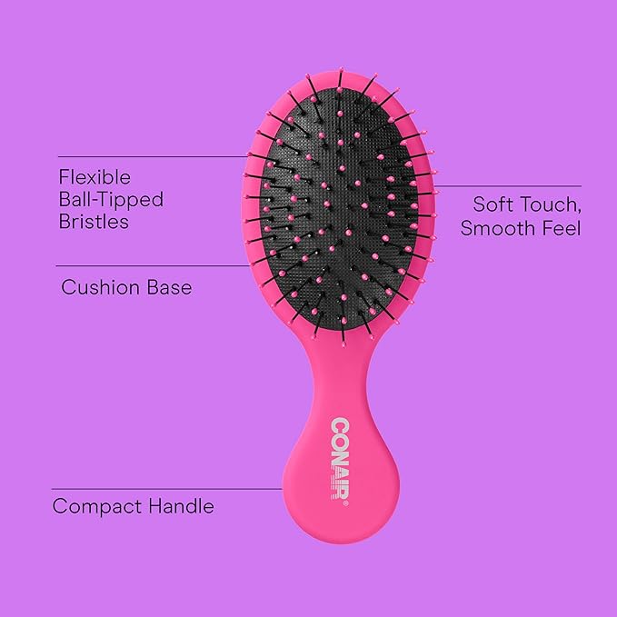 Conair Detangling Mini Hair Brush Set, 3-Pack Detangler Brushes for Wet or Dry Hair, Gentle Detangler for All Hair Types, Bristle Hair Brushes for Women, Travel Size, Pink, Gray, and Blue