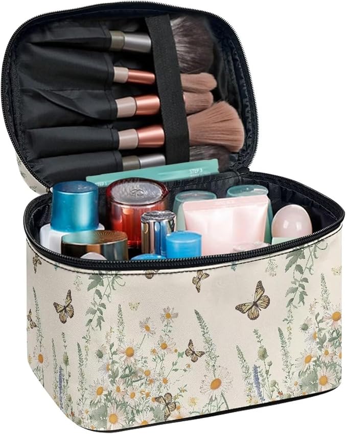 Butterfly Daisy Floral Print Travel Makeup Bags for Women Portable Tote Cosmetic Case with Carry Handle Toiletry Accessories Storage Organizer Bags
