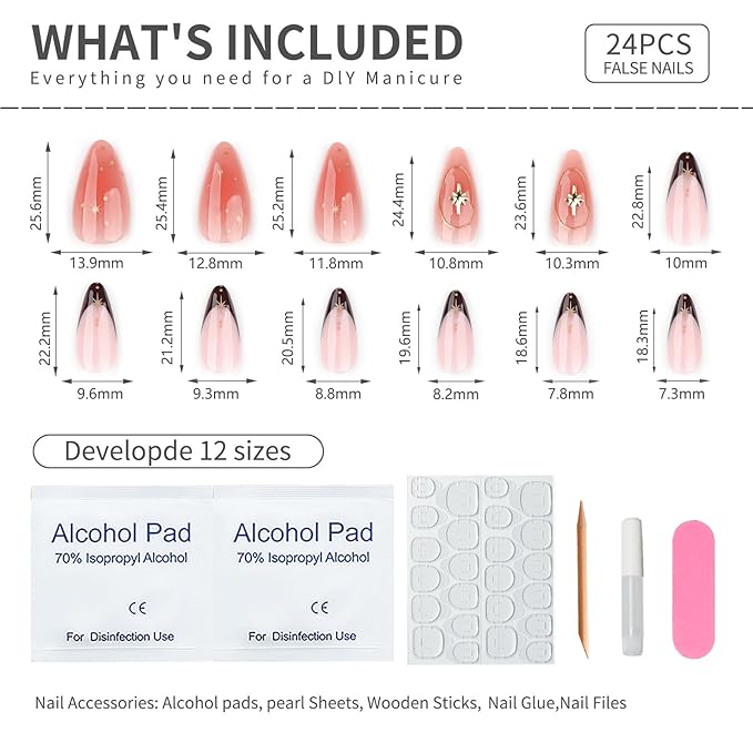 Medium Press On Nails Almond– 3D Gold Star Accent Brown French Tips, 24Pcs Reusable Acrylic Fake Nails, Glossy Stick On Nails with Designer Details, DIY Manicure Kit with Glue & Tools for Women