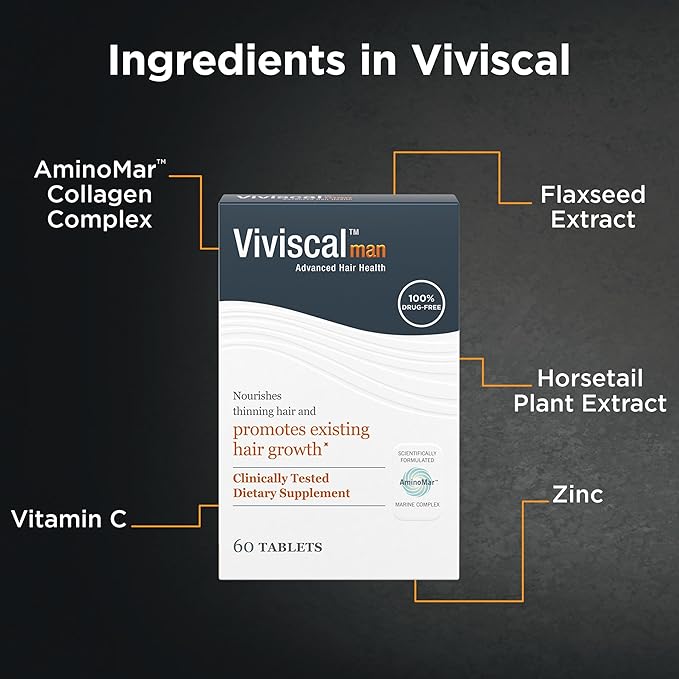 Viviscal Men's Hair Growth Supplements for Thicker Fuller Hair, Clinically Proven Collagen Complex, 60 Tablets 1 Month Supply