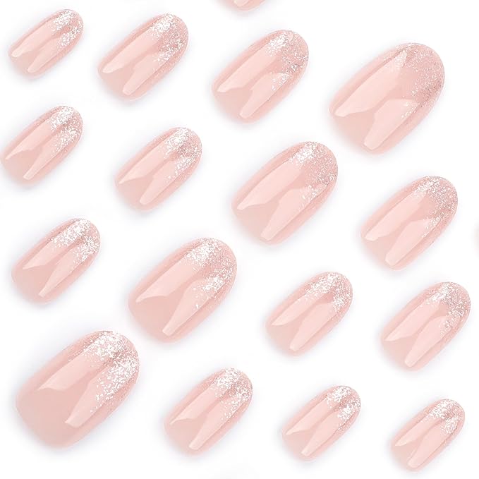 Gold Press On Nails Short Ovale, Gold Glitter Ombre Design False Nails Short, Reusable Stick On Fake Nails with Glue For Women, 12 Sizes-24 Salon Quality Nail Kit, Gift for Woman