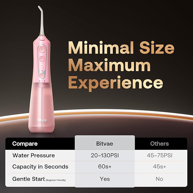 Bitvae C6 Water Dental Flosser Teeth Picks, Portable Cordless Oral Irrigator, IPX7 Waterproof Braces Flossers Cleaner, 5 intensities 6 Jet Tips, Rechargeable Water Dental Picks for Cleaning, Pink
