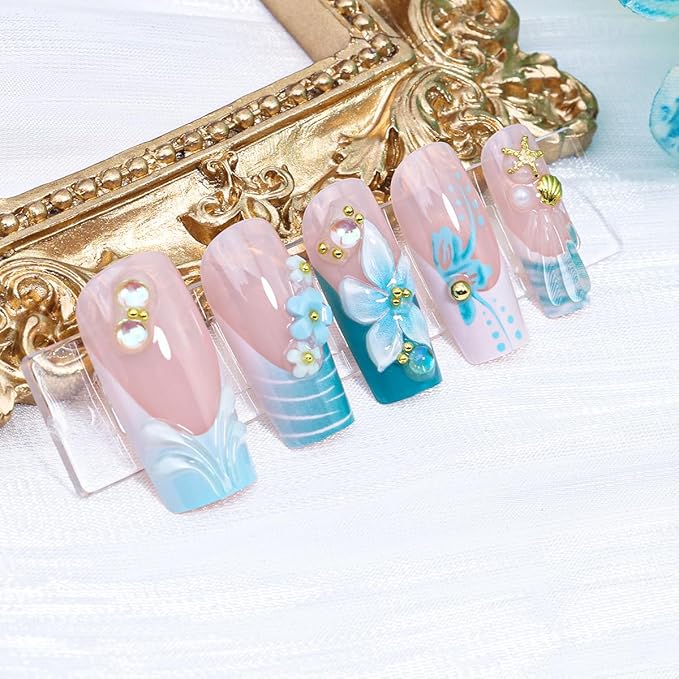 24Pcs French Tip Press on Nails Medium Square Fake Nails 3D Flower Starfish Rhinestones Gems Design Spring Summer Cute False Nails Blue Cyan Hibiscus Flower Acrylic Nails for Women French Manicure