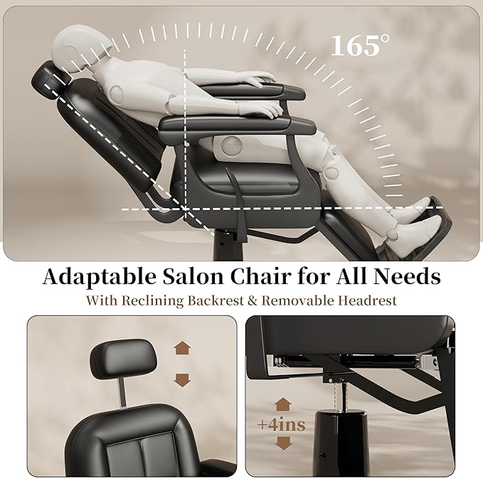 Baasha Black Heavy-Duty Barber Chair, Reclining Professional Salon Chair with Adjustable Headrest & Comfort Padding, 550 lbs Capacity