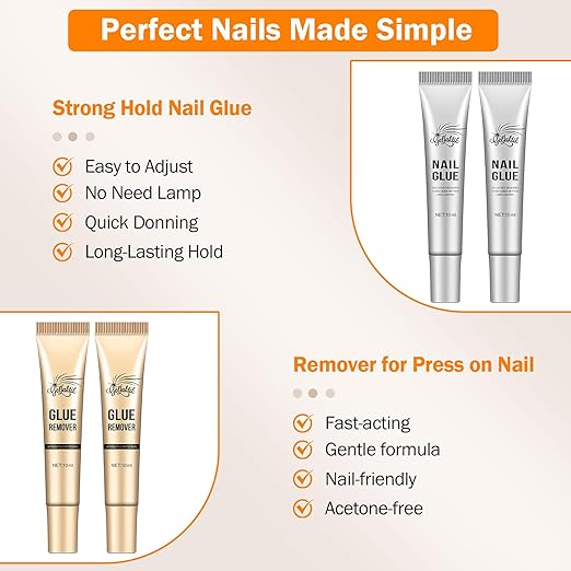 10g*2 Nail Glue With 10g*2 Nail Glue Remover for Press On, Super Strong, Quick Drying, Long Lasting Adhesive for Fake Acrylic Nails & Tips, No UV Light Needed