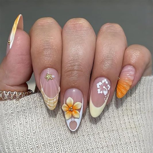 24Pcs Yellow French Tip Press on Nails Almond Medium Summer Fake Nails 3D Flower with Gold Starfish Glitter Designs Full Cover Beach False Nails Ocean Theme Stick on Nails for Women Manicure Salon