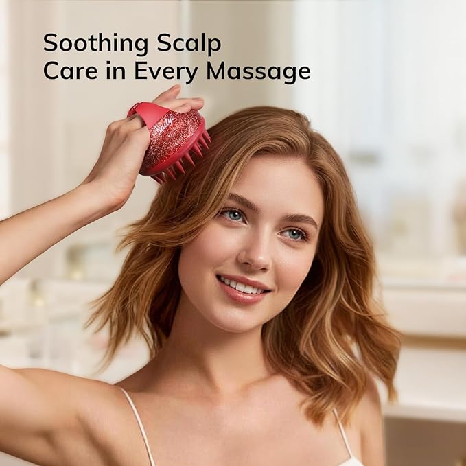 Sndyi Scalp Massager Shampoo Brush, Scalp Scrubber with Soft Silicone Bristles, Scalp Exfoliator for Dandruff Removal, Scalp Massager for Hair Growth, Wet Dry Hair Brush, Red-Limited Edition
