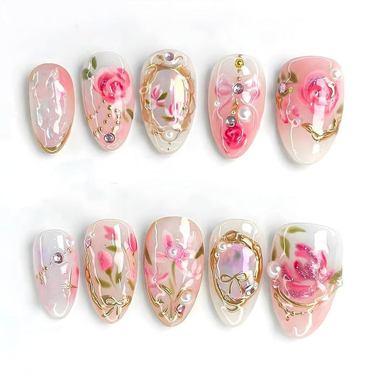 24Pcs Flower Press on Nails Almond Short Fake Nails with Pearl Rhinestones Design Handmade Acrylic Nails Pink Rose Glue on Nail 3D Gold Chrome French Tip False Nails Cute Floral Bow Artificial Nail