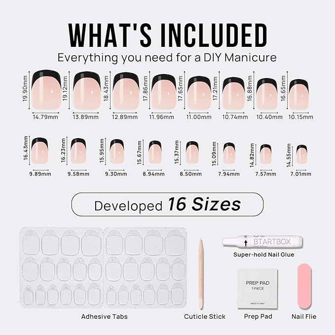 BTArtbox Press on Nails Square - Black French Tip Press On Nails Short, Glue On Nails for Women Gifts, Natural Stick On Nails in 16 Sizes - 32 Fake Nails Kit