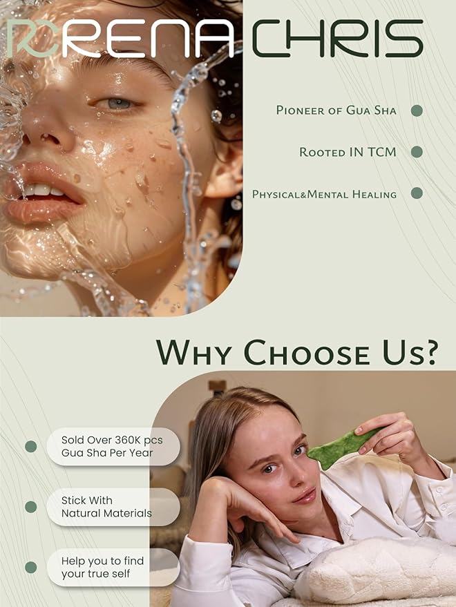 Rena Chris Natural Jade Gua Sha Facial Tools - Acupressure & Gua Sha for Face Massage, Jawline Sculpting, Puffiness Reduction, Skin Care Tool (Green)