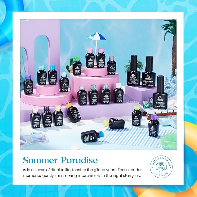 Beetles Summer Gel Nail Polish Set, 20 Colors Pastel Neon Pink Yellow Green Blue White Glitter Gel Nail Polish Kit Base Coat Matte Glossy Top Coat Soak off Uv Gift for Women