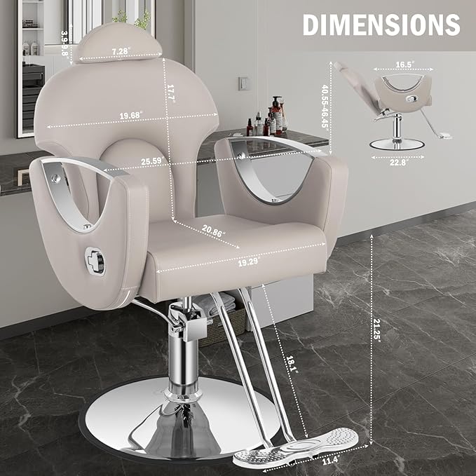 Reclining Salon Chair, Hydraulic Barber Styling Chair for Hair Stylist, 360 ° Swivel Hair Braiding Hairdresser Chairs, Height Adjustable Spa Beauty Equipment for Barbershop, Grey Silver