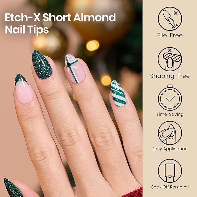 Beetles Gel Nail Tips Etch-X, Almond Short Christmas Limited Set, 288pcs 12 Sizes, Pre-Etched Half Matte Full Cover Soft Acrylic False Nail Tips Almond Shape Easy DIY Extension Salon Gift for Women