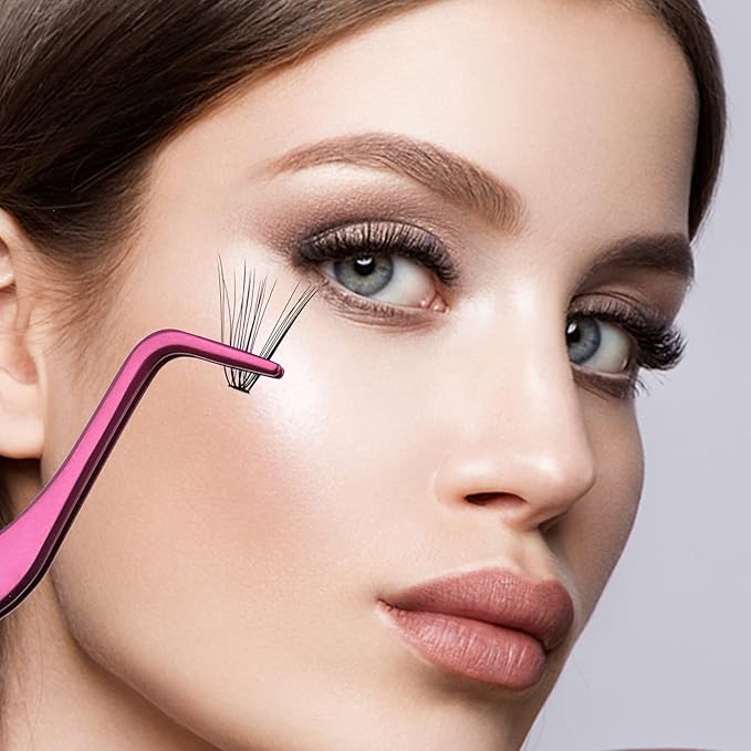 FADLASH Lash Tweezers for Individual & Cluster Lashes, 2pcs DIY Eyelash Extension Supplies, Lash Applicator Tool, Eyelash Tweezers for False Lash Extension, Pink & Rose Gold