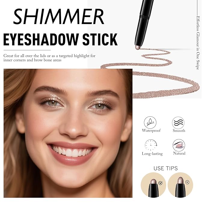 Eyeshadow Stick Shimmer Waterproof Long Wear Eye Brightener Cream to Powder Glitter Eye Shadow Crayon High Pigmented Highlighter Eye Liner Pencil Makeup Crease-Proof Buildable Color, 9 CHAMPAGNE