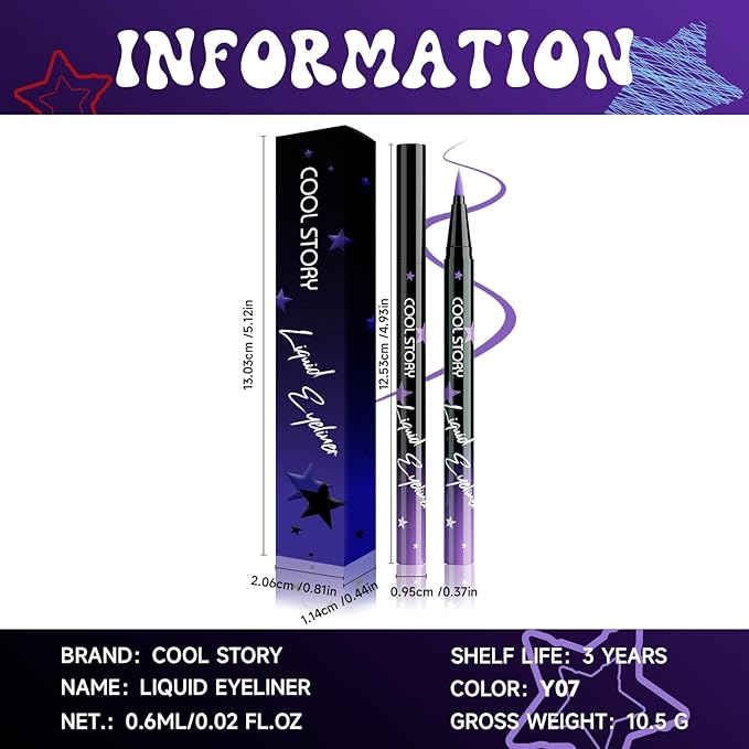 COOL STORY Liquid Eyeliner Waterproof Smudge Proof Eye Liner, 24H Long-Lasting, 0.6ml/0.02 fl.oz (Purple)