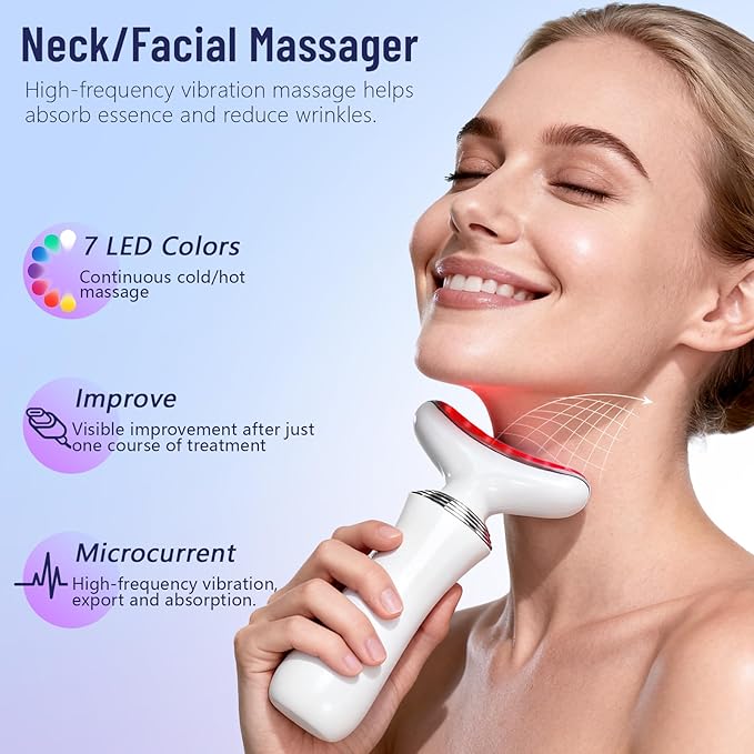 2025 New 7 in 1 Face Massager Tool, Red Light Therapy for Face and Neck, Portable Face Lift Device, Neck Massager for Double Chin Reducer